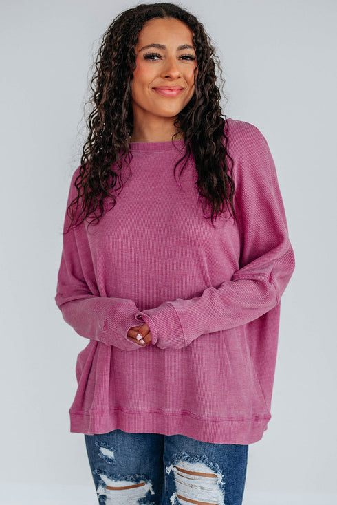 Waffle Knit Drop Shoulder Wide Crewneck Banded Hem Loose Fit Top